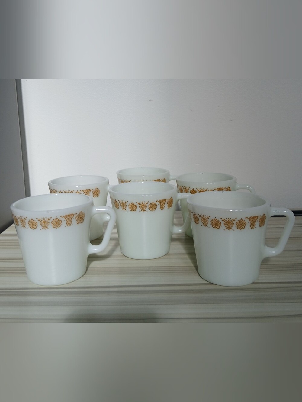 6 Vintage Pyrex Butterfly Gold Milk Glass Coffee Cup Mug D-Handle 1410